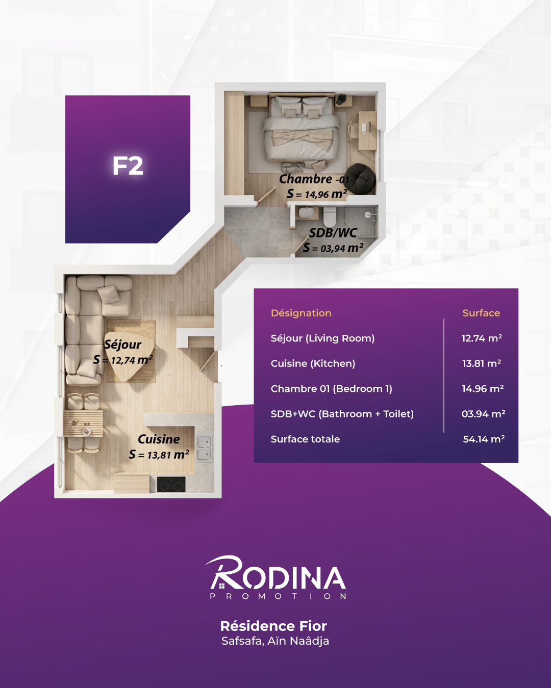 Plan appartement F2 - 54,14 m²