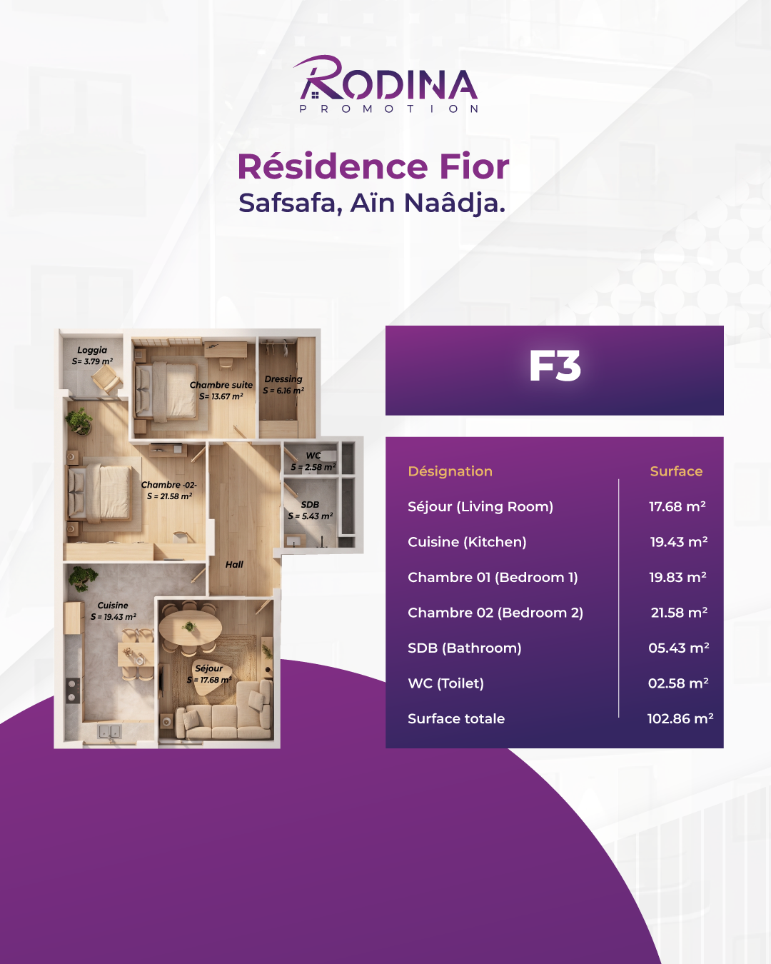 Plan appartement F3 - 102,86 m²