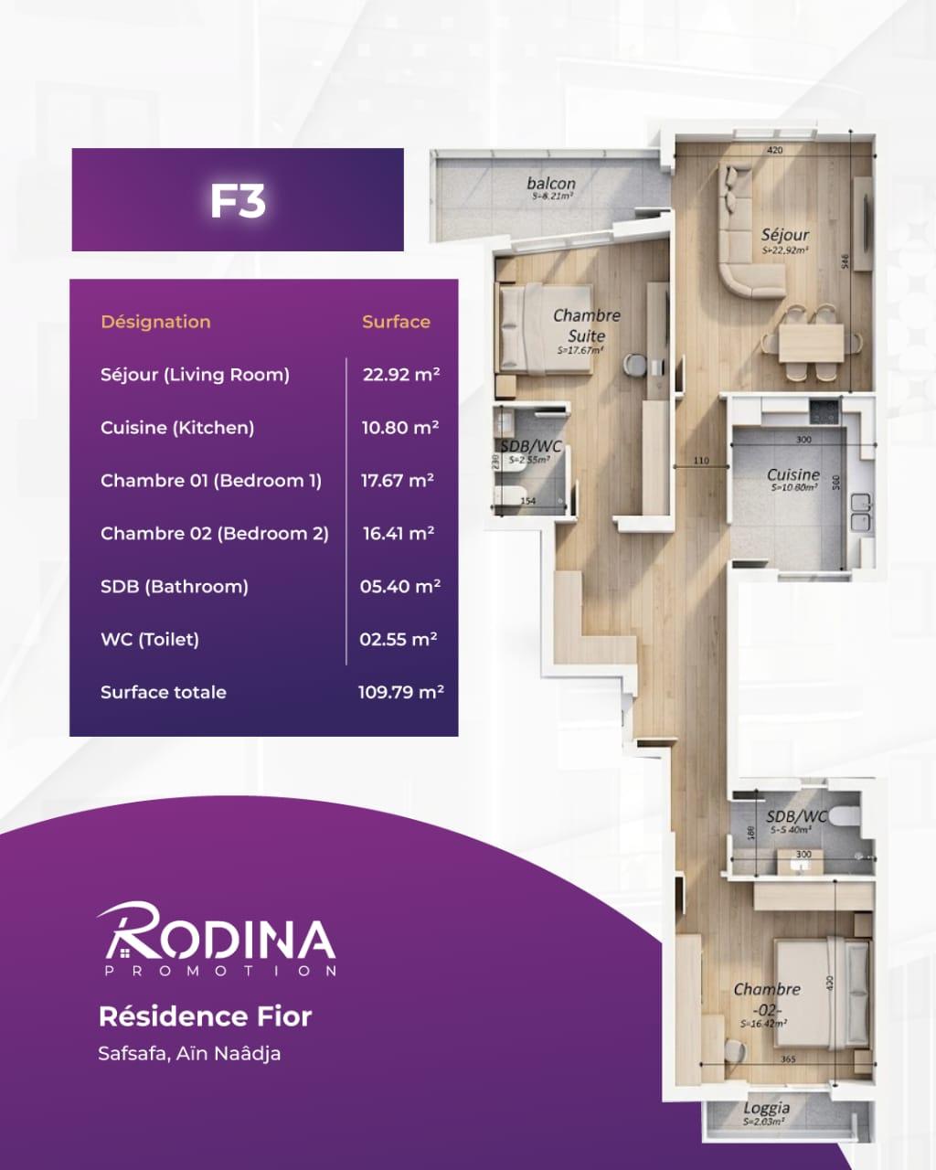 Plan appartement F3 - 109,79 m²