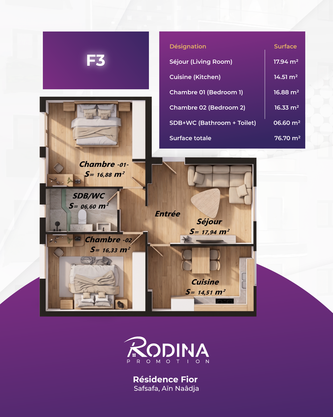 Plan appartement F3 - 76,70 m²