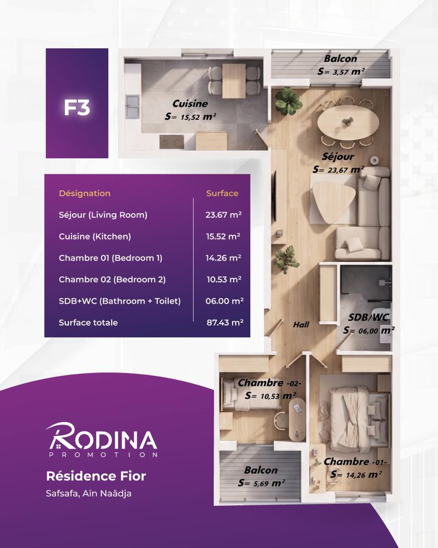 Plan appartement F3 - 87,43 m²