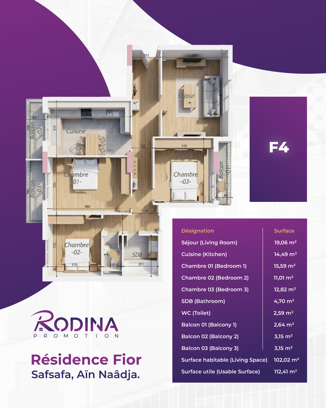 Plan appartement F4 - 112,41 m²