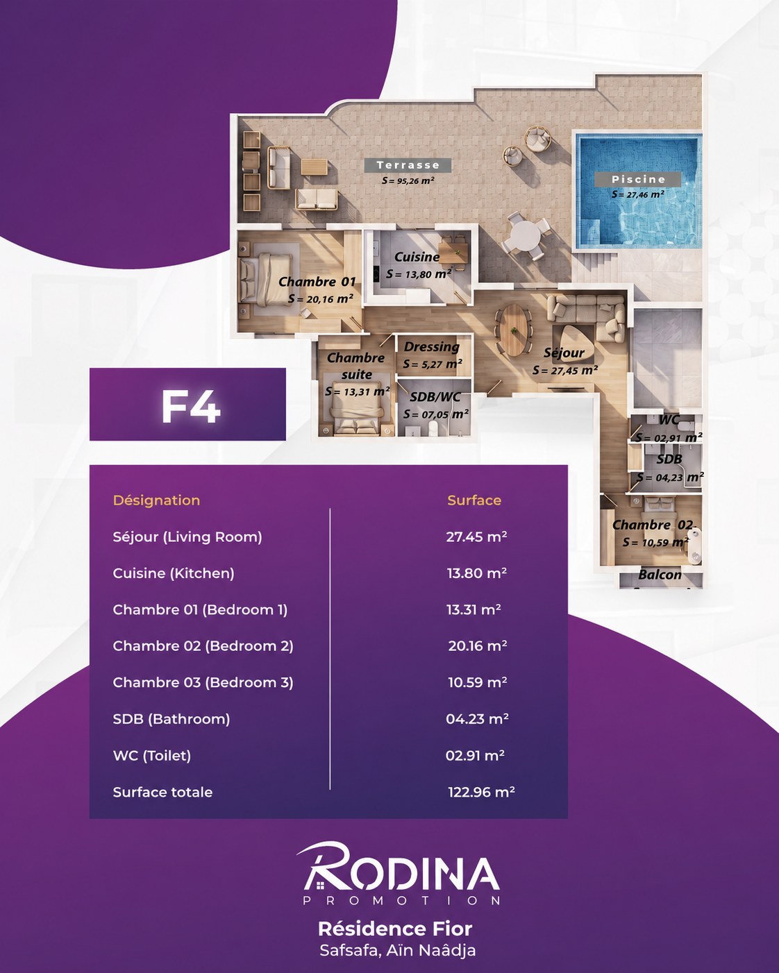 Plan appartement F4 - 122,96 m²