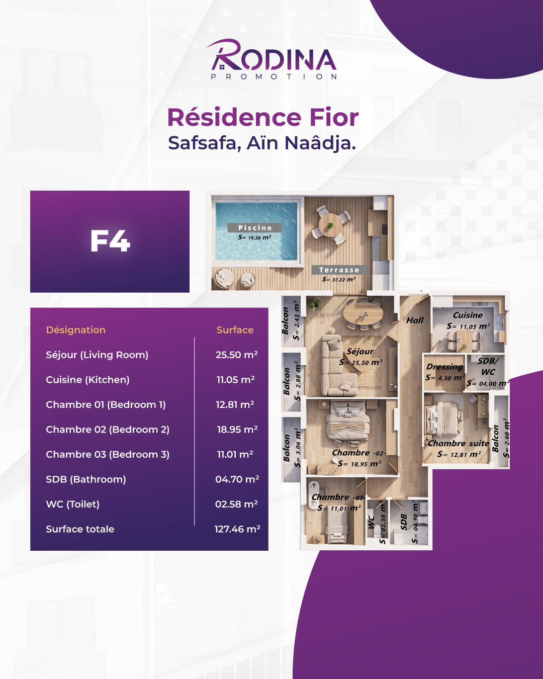 Plan appartement F4 - 127,46 m²