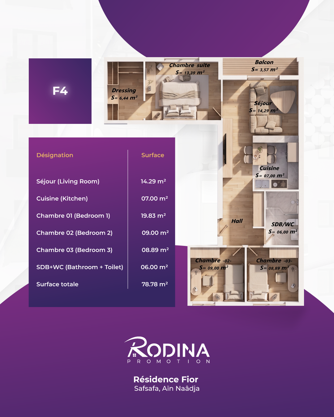 Plan appartement F4 - 78,78 m²