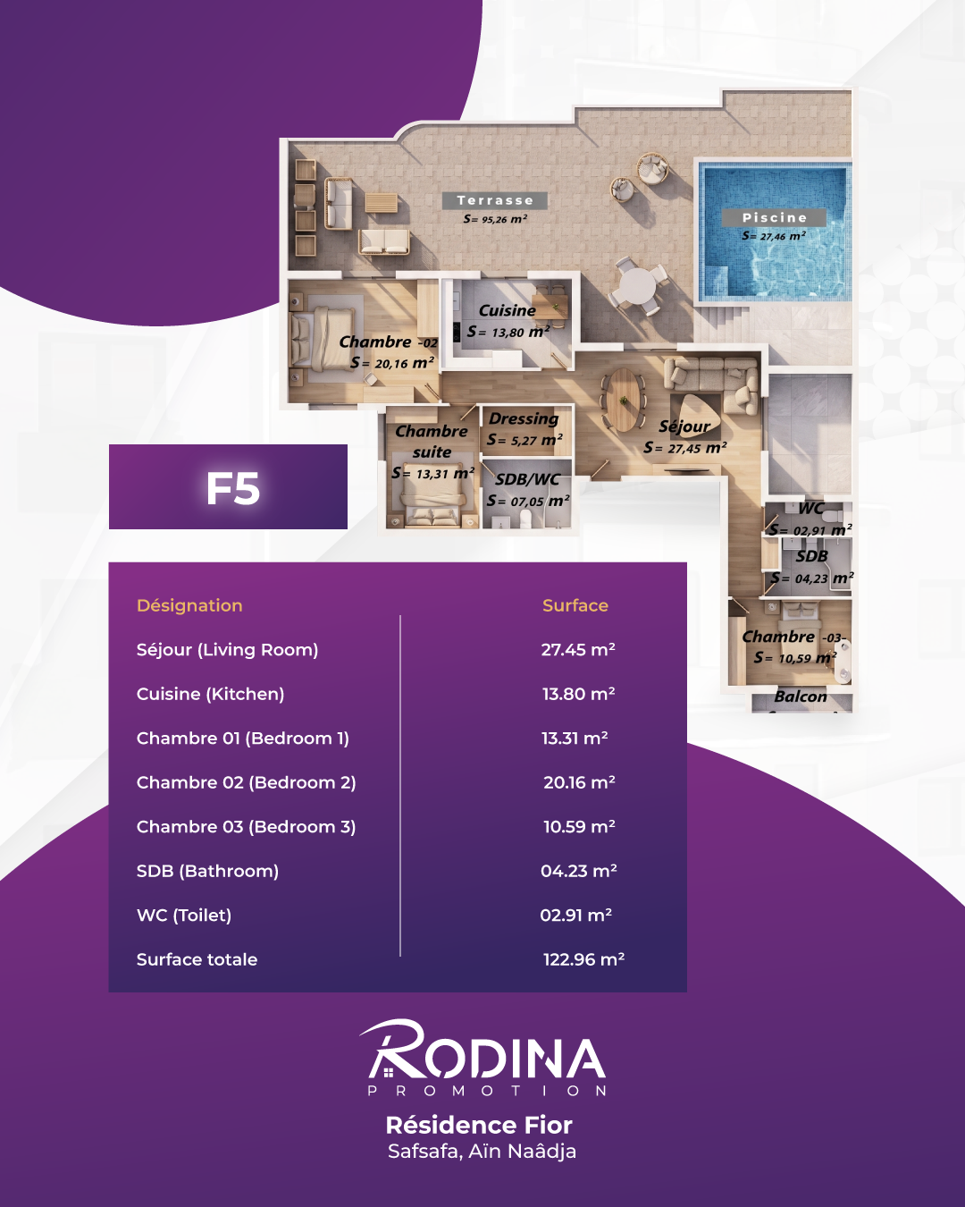 Plan appartement F5 - 122,96 m²